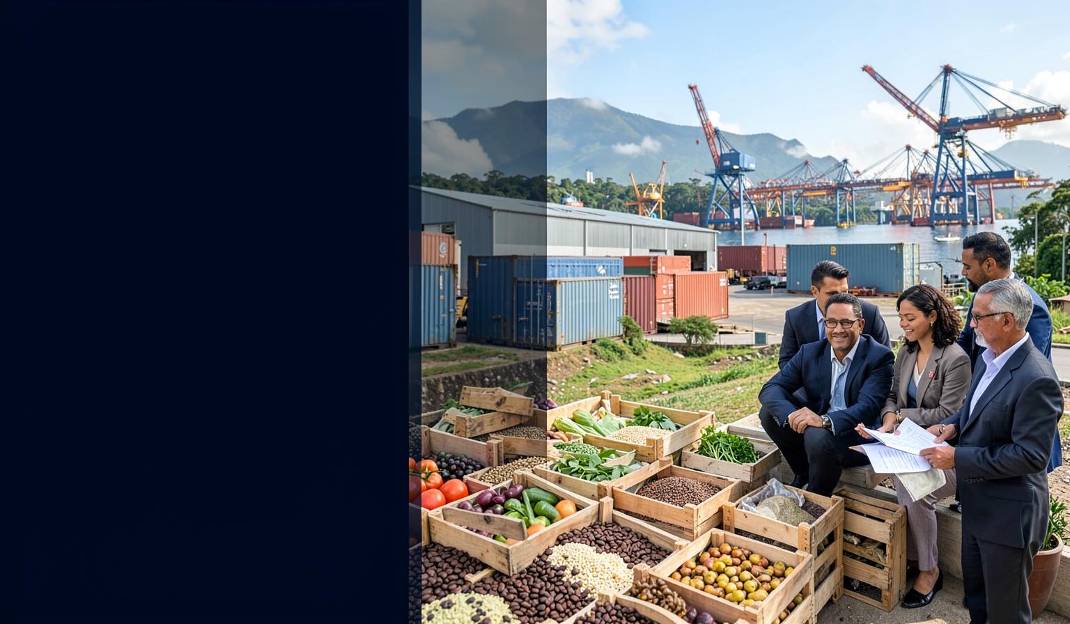 Empresarios junto a productos agrícolas, instalaciones logísticas y un puerto de exportación