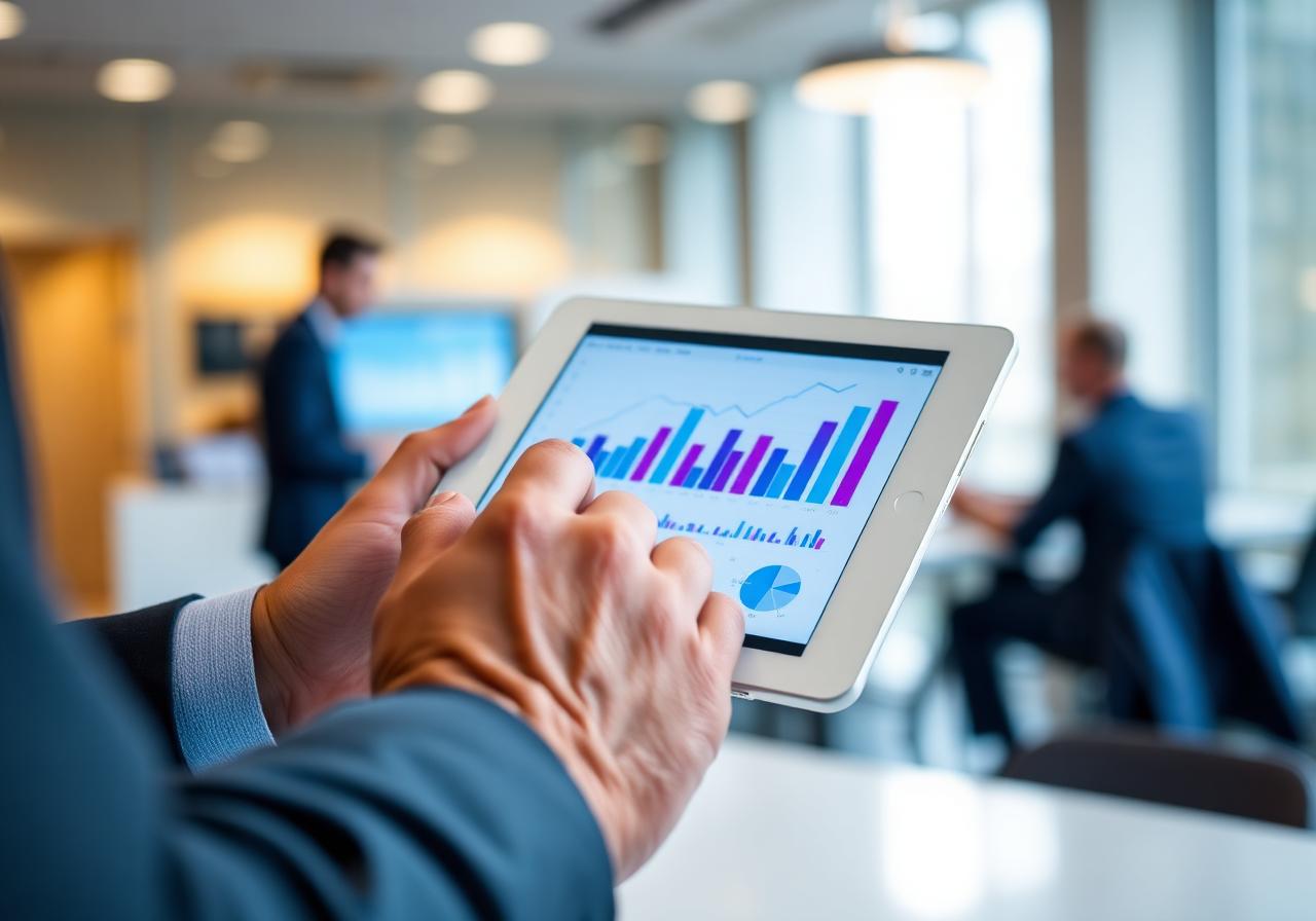 Asesor financiero analizando gráficos de inversión en una tablet
